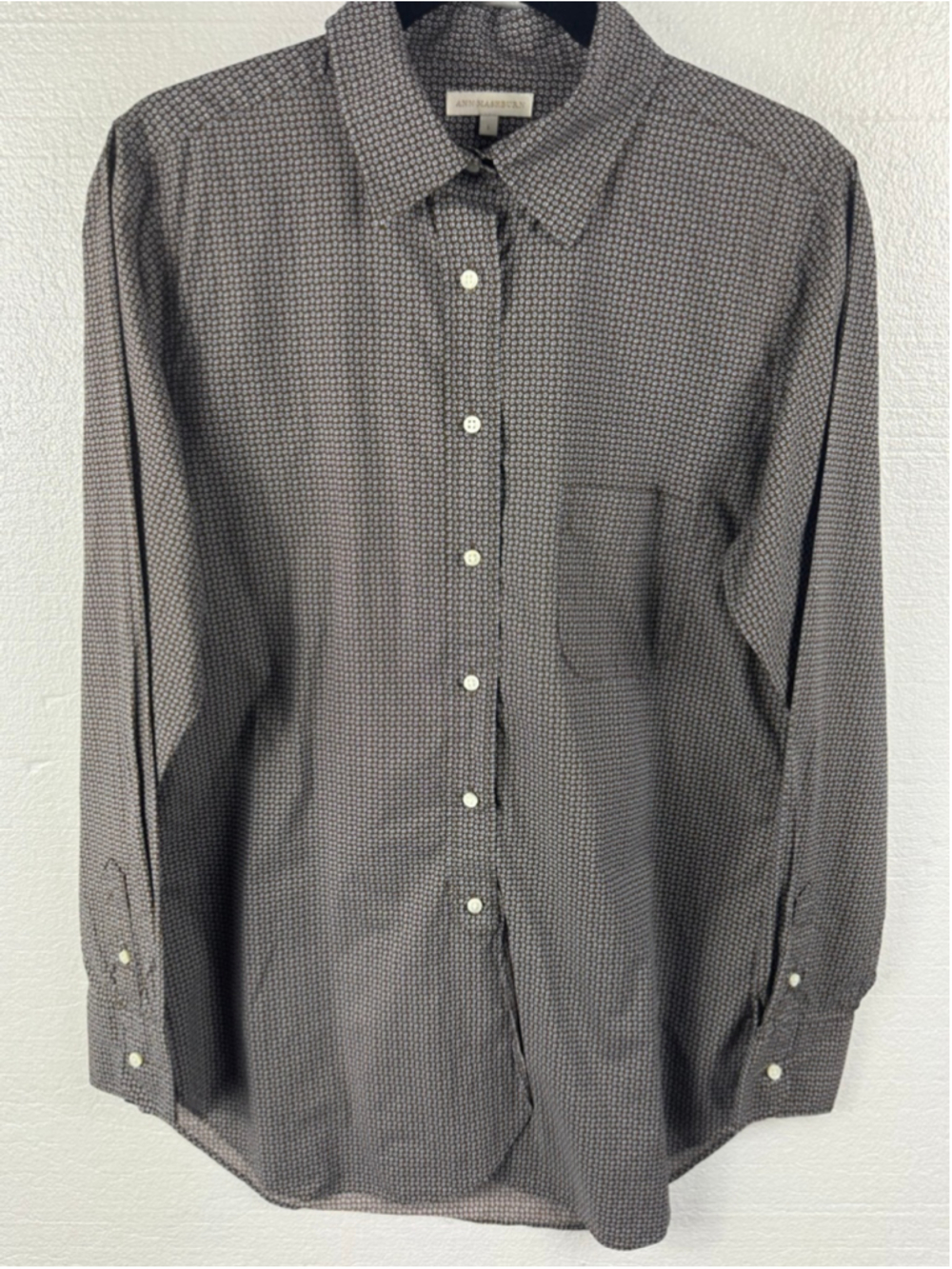 ANN MASHBURN Casual Button Down Boyfriend Shirt L Brown Blue Floral